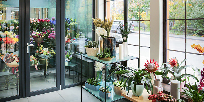 Variety of flowers in a flower shop