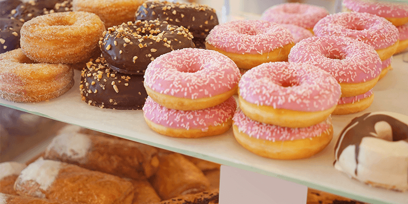 Donut shop display of donuts